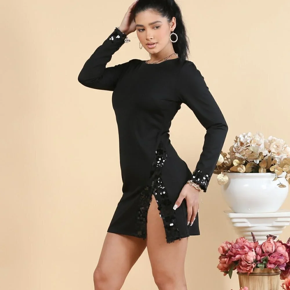Black Sequin Side Split Zipper Dress - Picture 2 of 6